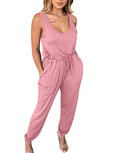 cailami Women's Sexy Sleeveless Scoop Neck Elastic Waist Loose Casual Jumpsuit Rompers with Pockets, Large, Light Pink