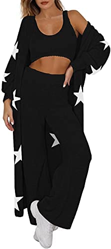 Image of Fixmatti Women's Fuzzy 3 Piece Sweatsuit Open Front Cardigan Crop Tank Tops Wide Legs Pants Lounge Sets