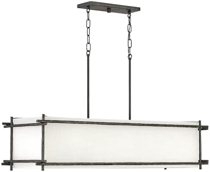 Hinkley Tress Collection Six Light Linear Chandelier, Iron Ore Finish w/Off-White Textured Shade