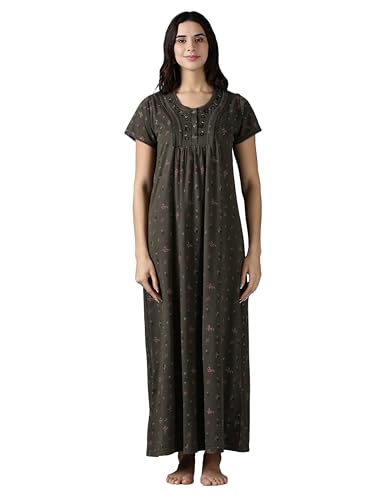 Image of 9shines Label Stylish Cotton Blend Embroidered Maxi Nightdress for Women with Pocket| Full Length Nightwear| Premium Nightdress| Comfortable Nightwear(5256)