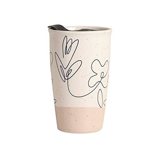 ANTIS'S HOME Ceramic Travel Mug with Lid, Flower Pattern Beige Double Wall Coffee Mug Tumbler, Reusable Tall Cup, Splash Resistant Lid, Dishwasher Microwaveable Safe Beige Flower