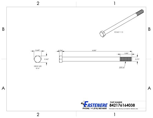 Image of 3 /8-16 x 6 Hex Head Cap Screw Bolts, External Hex Drive, Stainless Steel 304, Partially Threaded, Stainless Steel, Quantity 5
