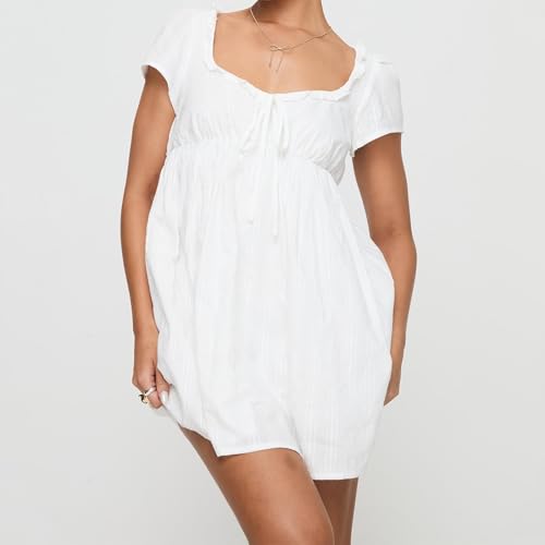 Image of Women Y2k Puff Sleeve Babydoll Dresses Square Neck Tie Back Mini Dress Summer Solid Off Shoulder Flowy Sundress