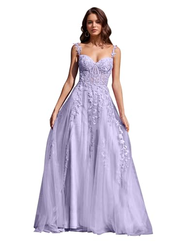Image of Long Tulle Prom Dresses 2025 V Neck Floral Long Ball Gowns for Women Lace Applique Formal Evening Gowns ACE159