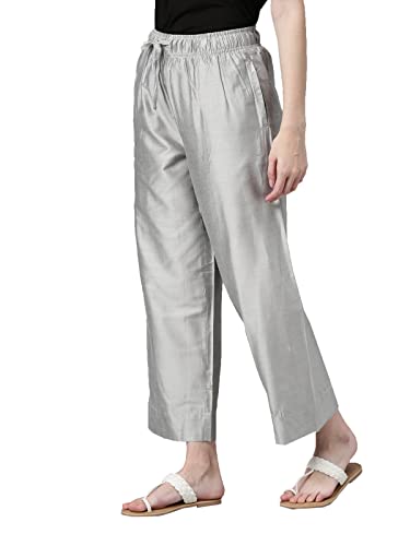 Image of GO COLORS Women Blue Stripe Cotton Wide Pants