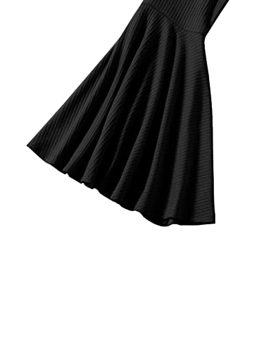 Verdusa Women's Long Bell Sleeve V Neck Tie Front Rib Knit Crop Top Blouse Black S #TOP4