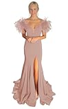 Split Sexy Evening Gowns for Women Formal Off Shoulder Prom Dress Chiffon Mermaid with Train Deep V-Neck Feather Dusty Rose 12 DR0169