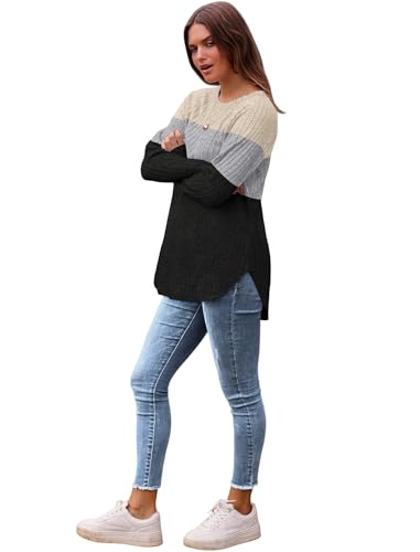 Image of Saloogoe Long Sleeve Shirts for Women 2025 Fall Clothes Tunic Tops Loose Fit Dressy Crewneck Pullover Sweaters Curved Hem