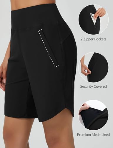 baleaf Women's 9" Long Swim Board Shorts with Zipper Pockets High Waisted Tummy Control Beach Shorts with Liner2