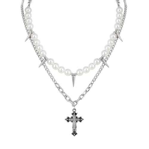 Pearl Necklace Men Punk Spike Necklace, Cross Choker Necklace for Men Goth Y2K Jewelry