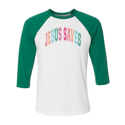 TeesAndTankYou Arch Jesus Saves Three-Quarter Raglan Sleeve Baseball Shirt Unisex Small White/Kelly