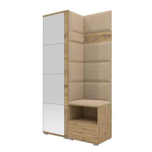 RAVIO Garderoben-Set NELA I mit Spiegel, 100cm Flurgarderobe mit Wandpaneele, Kompaktgarderobe mit Schuhschrank, Inklusive Montagekleber, Praktischer Garderobe (Artisan Eiche + Beige (Trinity 04))