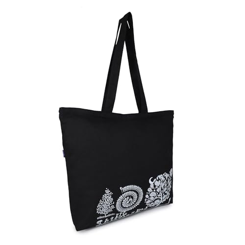 Fabcraft Canvas Tote Bag with Warli Art Print, Black Cotton, Large Shopping Shoulder Bag 2 31dotJli0GL. SL500