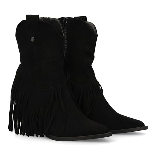 94789 Botin de Mujer con Tacon Estilo campero. Tacon Cubano con Flecos Acabado en Punta. Cierre de Cremallera. Ideales Otono Invierno. Negro Talla 40