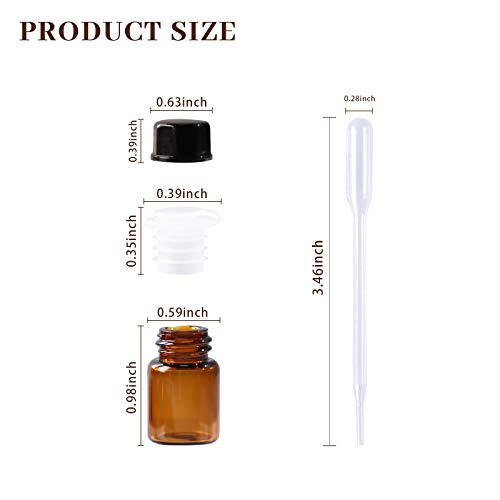 HWASHIN 100 Pack 2ml (5/8 Dram) Amber Mini Glass Essential Oils Sample Bottles with Black Caps for Essential Oils, Perfumes (30ml Measuring Cup and 5 Droppers Included) by HWASHIN - Image 4
