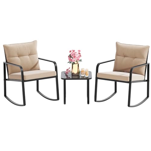 Gizoon 3 Piece Rocking Bistro Set, Black Steel Patio Furniture, Porch Chairs Conversation Set with Glass Coffee Table, Back Cushion, for Balcony, Garden, Pool, Backyard, Beige