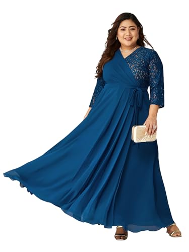 Image of Miss Chase A+ Women's Floral Printed Relaxed Fit V -Neck 3 /4Th Sleeve Georgette Maxi Dress