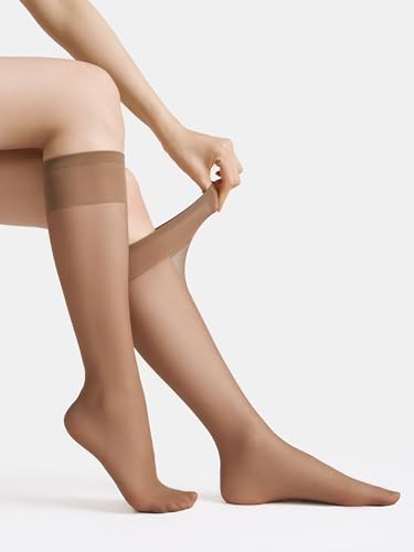 Image of leg elegant Sheer Knee High Stockings for Women, 6 Pairs Knee High Transparent Toes Nylons Pantyhose for Women