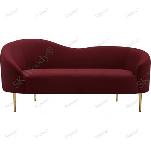 Image of Rosewood Luxury Curved Sofa in Premium Velvet-Fabric | Solid Wood Structure | High Density Foam | Sturdy Golden Legs | Comfortable & Stylish Couch for Modern Living Room (Red Wine, 2 Seater)