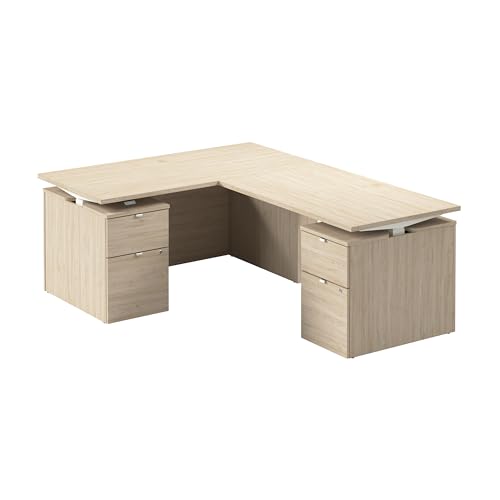 Image of Bush Business Furniture 60-inch Height Adjustable L Shaped Standing Desk with Drawers, Ergonomic Sit-Stand Computer Table for Office, Stratus Collection, Natural Elm with White Base