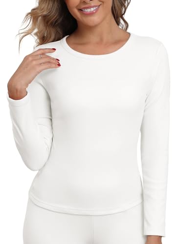 IWOLLENCE Thermo Unterhemd Damen Langarm Rundhals Fleece Warmes Thermo Top Damen Thermounterwäsche Ohne Etikett Weiches Thermooberteil Winterwäsche (Weiß, M)