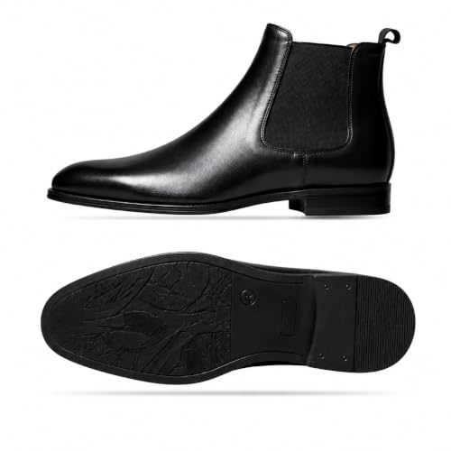 Image of Black Chelsea Boots for Men | Premium Leather Finish Ankle Boots with Side Zip & Elastic | Men's Formal Shoes, Casual Boots, Office Wear Stylish High Ankle Boot Shoes