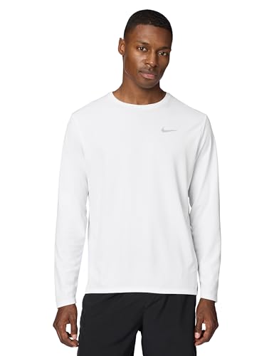 Nike Men's Miler Dri-Fit UV Long-Sleeve Running Top, White/Reflective Silver, X-Large