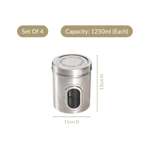Image of Nestasia Stainless Steel Jar with Lid Set of 4 (1.25L Each) - Airtight & Rust Resistant Container for Kitchen Storage | Etched Floral Dabba with See Through Window - Ideal for Snacks, Cookies & Pulses