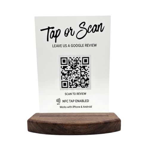 Luxury Business Review Stand with NFC & QR Code, Premium Wood and Clear Acrylic Counter Display, Tap or Scan Review Sign for Small Business, Ready to Use, No App or Subscription. Made in the USA (Round Front)