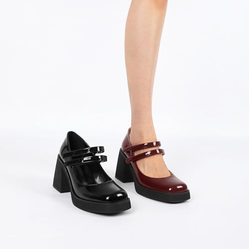 SAMMITOP Women's Platform Mary Jane Pumps Strap Square Toe Chunky Block High Heels Fashion Wedding Party Shoes 3.5 Inch3