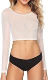 MEGAHERZ Camiseta de manga larga transparente transparente para mujer, cuello redondo, cuello alto, ligero, malla para fiesta, casual, tul de malla, túnica de crop Top, blanco, Talla única