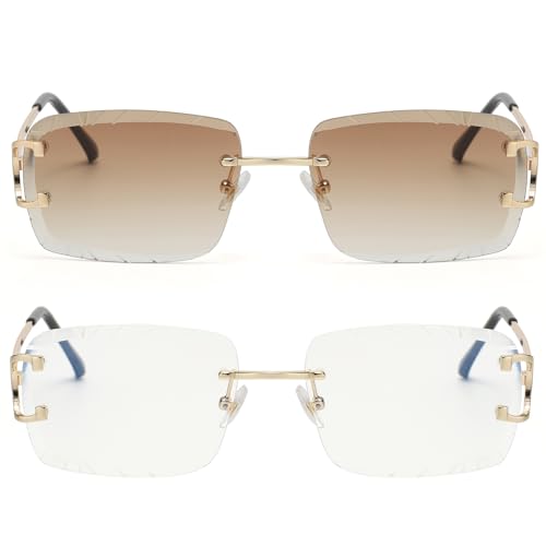 Image of Retro Rimless Rectangle Sunglasses for Men Women Luxury Frameless Square Trendy Shade Diamond Cutting Eyewear
