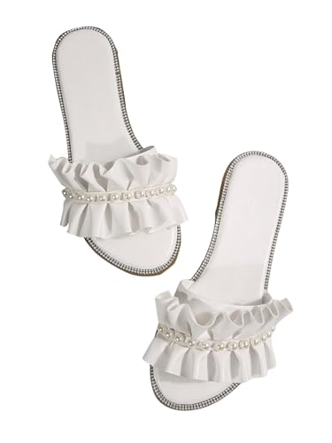 GORGLITTER Women's Rhinestone Pearl Sandals Dressy Ruffle Cute Vacation Weeding Bride Slip on Flat Sandals - Main Image
