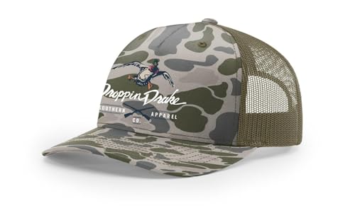 Droppin Drake Mallard Duck and Gun X Logo Mesh Back Trucker Hat- Marsh Duck Camo/Loden