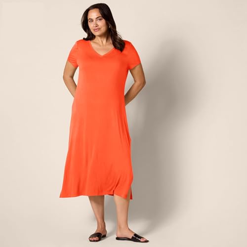 Image of Amazon Essentials Women's Regular Fit Jersey V-Neck Short Sleeve Midi Length T-Shirt Dress, Soft Viscose Stretch Jersey with Side Slits