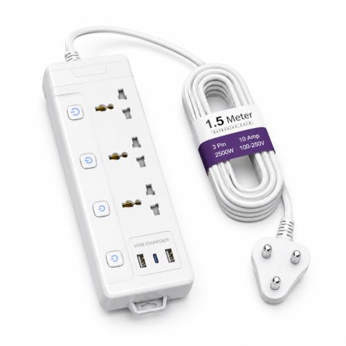 Image of AILKIN 3 Socket Universal Extension Board with Individual Switches, 3 Pin Power Strip with Heavy Duty Cable, Multi Plug Extension Box for Home, Office, TV, Laptop, Mobile Charger & Appliances (White)