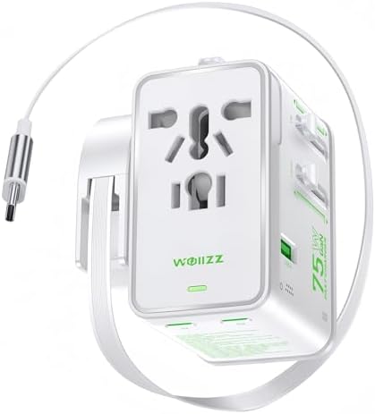 75W Tiny Universal Travel Adapter with 70cm Retractable Cable, Ga...