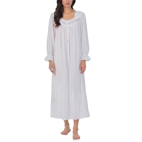 Eileen West Sleepwear & Loungewear - Dobby Stripe Collection - 100% Cotton Longsleeve Full-Length Robe Nightgowns for Women Breathable Lightweight Night Gown, White, L