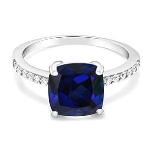 Gem Stone King 925 Sterling Silver Blue Created Sapphire Engagement Ring For Women (2.62 Cttw, Cushion Cut 8MM, Available in size 5, 6, 7, 8, 9)