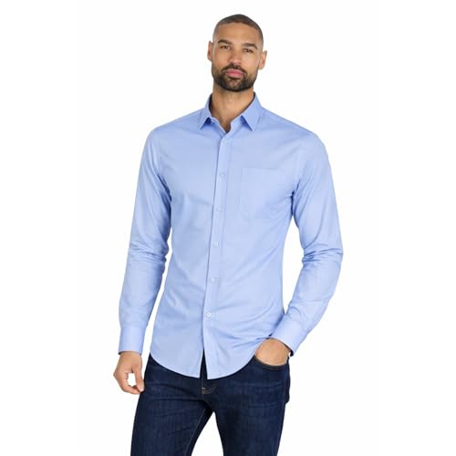 Mens Long Sleeve Shirt Slim Fit Easy Iron Collared Button Up Poplin Smart Casual Business Wedding Office Shirt (Light Blue Slim, 16H)