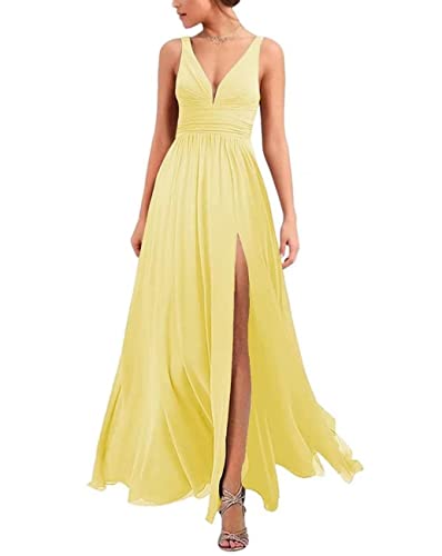 Robe de demoiselle d'honneur col en V SAYNO jaune en mousseline plissée taille 38