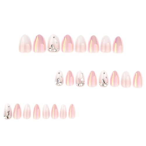 Image of Short Almond Press on Nails Chrome Fake Nails White Ombre Nails Press ons | White Gradient French Tip with Rhinestone Design Nude Full Cover Glossy Shiny Stick on Nails for Women Manicure 24Pcs