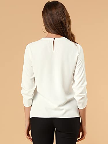 Allegra K Women's Work Office Keyhole Pleated Front Ruched 3/4 Sleeve Shirt Chiffon Blouse Medium White #TOP4