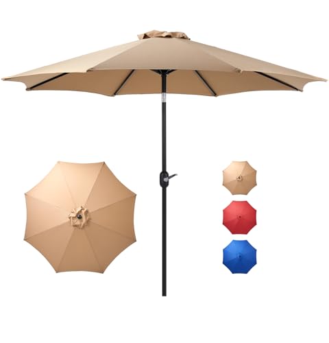 DUMOS Terrassenschirm mit Druckknopf, neigbar und Kurbel, Tischschirm, 8 stabile Rippen, wasserdicht, Poolschirm für Markt, Terrasse, Strand, Restaurant im Freien, 2,7 m, Hellbraun