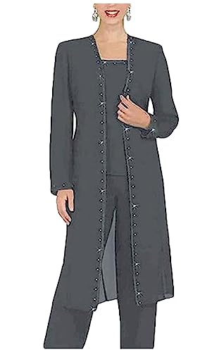 Mother of The Bride Pants Suits 3 PC Chiffon Beaded Women Outfits with Long Jacket Wedding Party Prom Dress4