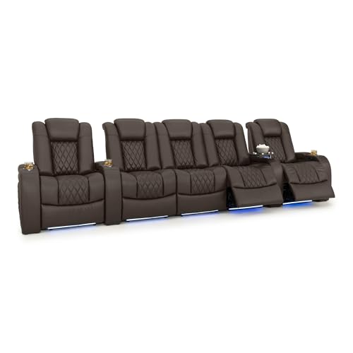Image of Seatcraft Diamante Brown Italian Leather Home Theater Seating, Zero Gravity Power Recliner Gaming and Home Office Chair, Powered Headrest Lounge Sofa Furniture for Cinema Room, Row of 5 Sofa