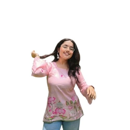 Pink Floral Printed Short Kurti, Square Neck, 3/4 Sleeves, Casual Ethnic Wear for Women-image-30