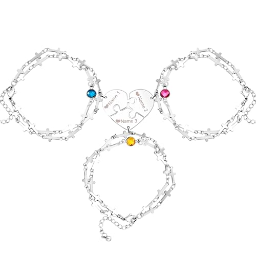 Image of 3 Heart-shaped Jigsaw Family Friendship Bracelets - Double Stainless Steel Cross Chain Birth Stone Charm Layered Heart Bracelets for Female Friendship Personalized Custom Jewelry