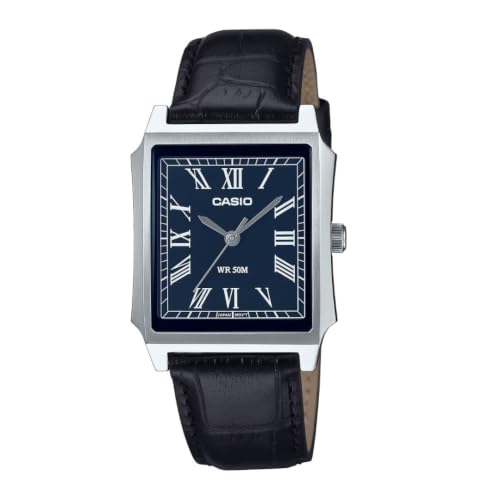 Image of Casio Men's Analog Watch MTP-B190L-2BV, Navy Blue Dial, Black Leather Strap, Square Case, Roman Numerals, WR 50M