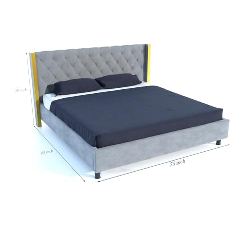Image of Custom Decor Upholstered King Size Bed for Bedroom | Wooden Double Bed | Platform Cot Bed with Upholstery Premium Fabric | 6.5 x 6 Ft | Sheesham Solid Wood Rosewood (Gray, 83 * 75 * 39 inch)
